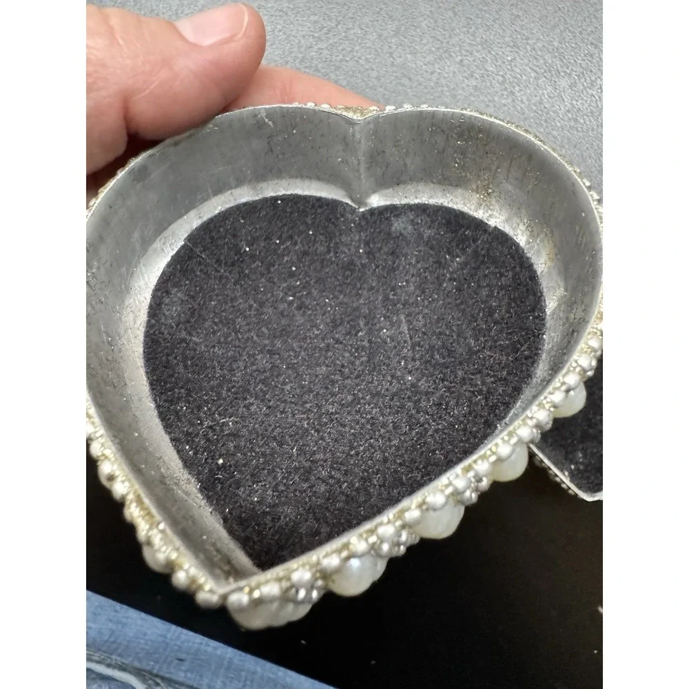 Pearl Beaded Heart Trinket Jewelry Box Faux Pearl Silver Tone Keepsake Box